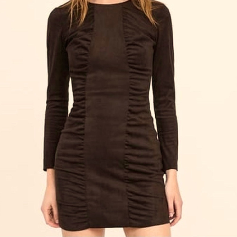 ZARA Basic Brown Ruched Faux Suede Bodycon Dress Size Medium